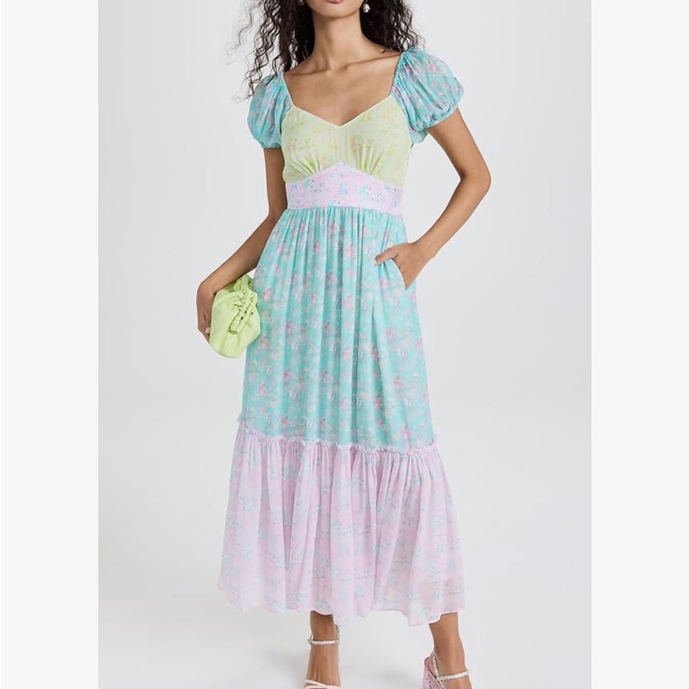 LoveShackFancy sz 4 Angie Maxi Dress Tiered Puff Sleeve Fuji Sunrise Print Mix - Picture 3 of 10